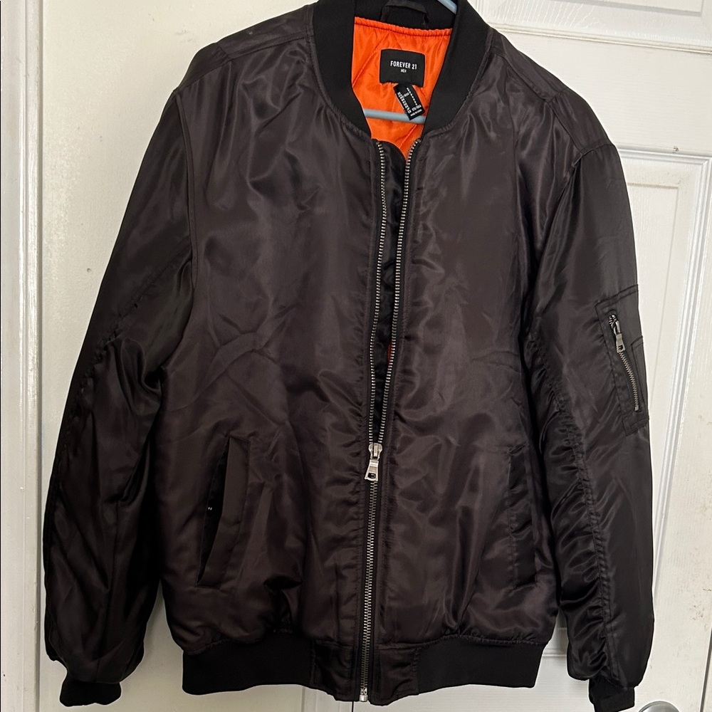 Forever 21 Men's Dark Brown Bomber Jacket with Orange Lining
